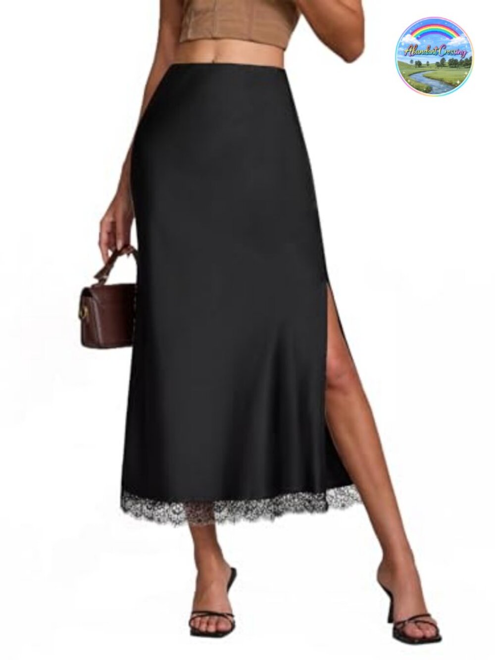 Satin Silk Maxi Slit Skirt Elastic Waistband A-Line Flowy